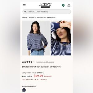 Quiet luxury J Crew Large Navy Striped Crewneck Sweater